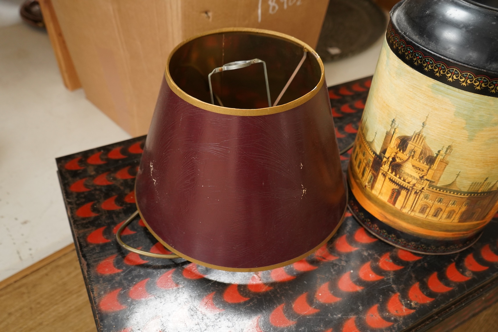 Tin a toleware tin trunk-77cm x 45cm and Brighton Pavilion decorated tea tin lamp and shade.